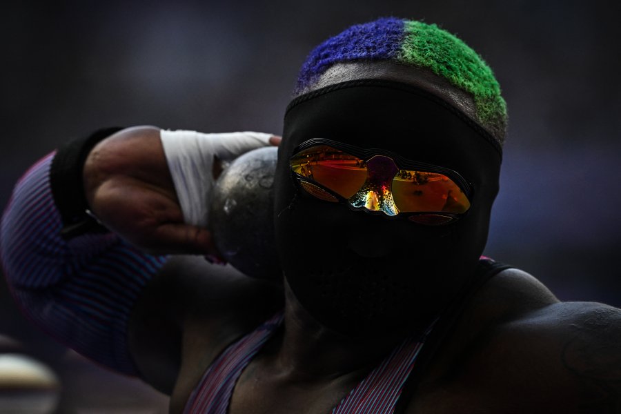 US' Raven Saunders competes in the women's shot put qualification of the athletics event at the Paris 2024 Olympic Games at Stade de France in Saint-Denis, north of Paris, on August 8, 2024