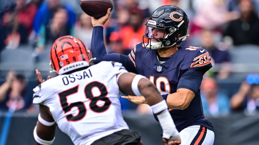 Aug 17, 2024; Chicago, Illinois, USA; Chicago Bears quarterback Caleb Williams (18) passes the ball against the Cincinnati Bengals during the first quarter at Soldier Field. Mandatory Credit: Daniel Bartel-USA TODAY Sports