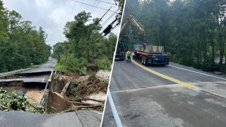 A before and after comparison showing different parts of Route 34 after devastating floods on Aug. 18, 2024.