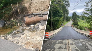 Kettletown Road before and after devastating floods on Aug. 18, 2024.