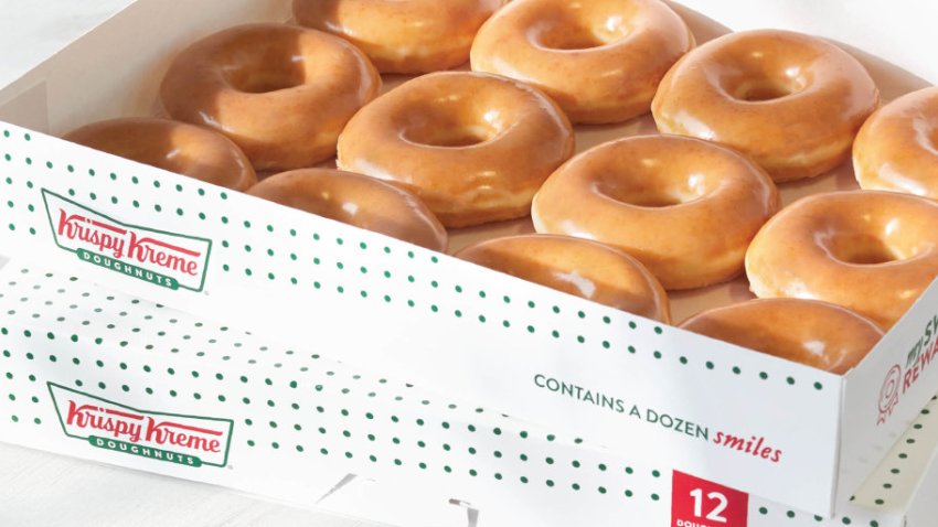 A dozen doughnuts from Krispy Kreme.