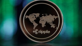 The ripple cryptocurrency altcoin sits arranged for a photograph in London on April 25, 2018.