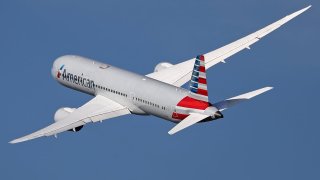 Boeing 787-9 Dreamliner, from American Airlines company, taking off from Barcelona airport, in Barcelona on 24th February 2023. 