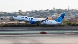 A United Airlines Boeing 737-MAX 8 aircraft departs at San Diego International Airport en route to New York on August 24, 2024 in San Diego, California. 