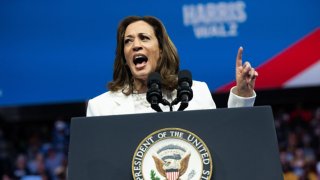 Democratic presidential candidate Vice President Kamala Harris speaks at a campaign rally at Enmarket Arena during a two-day campaign bus tour in Savannah, Georgia, Aug. 29, 2024.