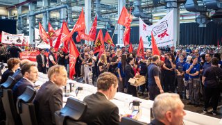 Employees of German car maker Volkswagen (VW) protest at the start of a company’s general meeting in Wolfsburg, northern Germany, on September 4, 2024.