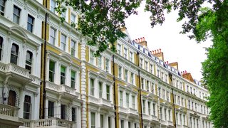 Close-up and side view of classic Georgian buildings in London, England, UK. 