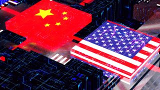 Illustration of the China and U.S. flag on a central processing unit.