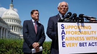 Sen. Richard Blumenthal (D-CT) (L) and Rep. Paul Tonko (D-NY) hold a news conference to introduce online gambling legislation outside the U.S. Capitol on September 12, 2024 in Washington, DC. 