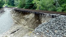 Damage to Metro-North’s Waterbury Branch near Seymour on Thursday, Aug 22, 2024 after heavy rains on Sunday caused a washout of right-of-way adjacent to the Naugatuck River.