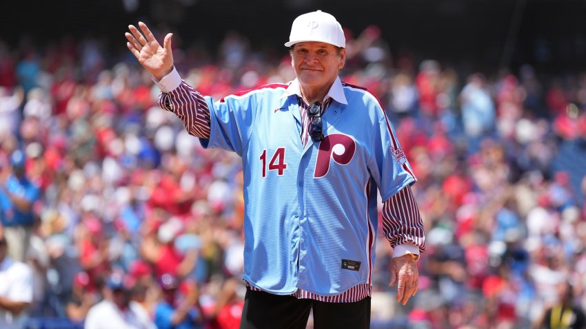 PHILADELPHIA, PA - AUGUST 07: Former MLB player Pete Rose #14 of the Philadelphia Phillies salutes the crowd prior to the game against the Washington Nationals at Citizens Bank Park on August 7, 2022 in Philadelphia, Pennsylvania.