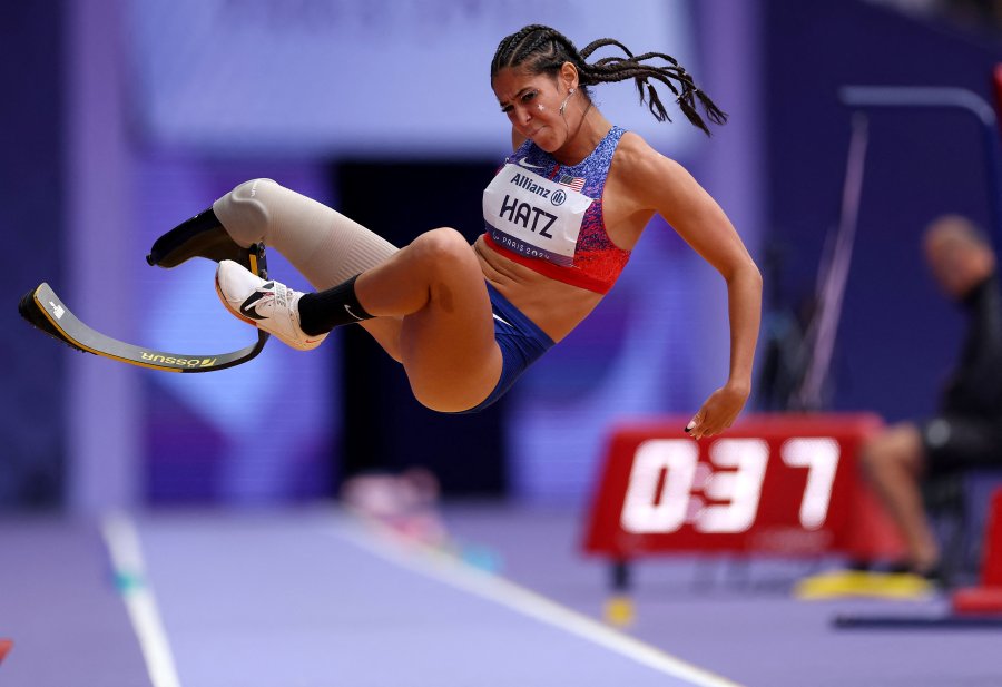 Team USA's B Hatz competes in the Women's Lon Jump- 64 event during the Paris 2024 Paralympic Games at the Stade de France in Saint-Denis north of Paris on August 31 2024