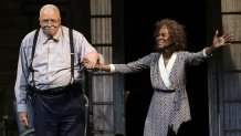 NEW YORK, NY - OCTOBER 14:  Actors James Earl Jones and Cicely Tyson take a bow during curtain call for the Broadway opening night of "The Gin Game" at the John Golden Theatre on October 14, 2015 in New York City.  (Photo by Jemal Countess/Getty Images)