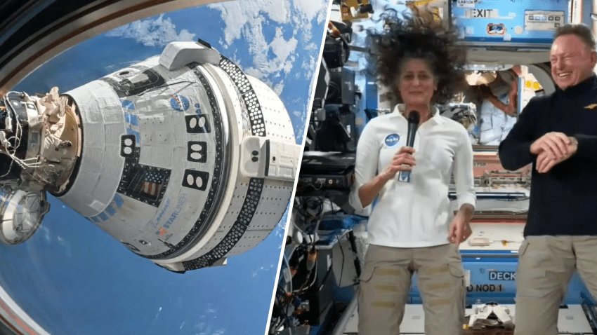 At left, the Boeing Starliner capsule docked at the International Space Station, where astronaut Suni Williams, at right, spoke about wanting someone to send her a fresh apple from back home.