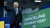 US President Joe Biden gestures after speaking about student loan debt relief at Madison Area Technical College in Madison, Wisconsin, April 8, 2024. 