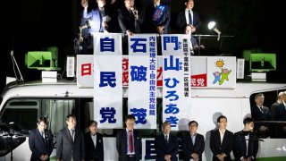 Japan’s Prime Minister Shigeru Ishiba (top C) delivers an election campaign speech in support of the Liberal Democratic Party candidate in Chiba on October 19, 2024. 