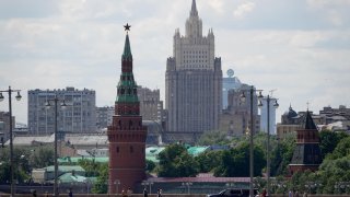 09 June 2024, Russia, Moskau: A guardhouse of the Kremlin (l) and the Foreign Ministry (M, background) stand in the center of the capital. Photo: Ulf Mauder/dpa (Photo by Ulf Mauder/picture alliance via Getty Images)