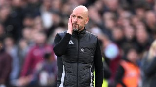 Erik ten Hag, Manager of Manchester United, reacts as he looks on during the Premier League match between West Ham United FC and Manchester United FC at London Stadium on October 27, 2024 in London, England.