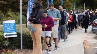 Voters wait in line to check in ahead of casting their ballots during the last day of early voting in Gwinnett County, Georgia on November 1, 2024. 