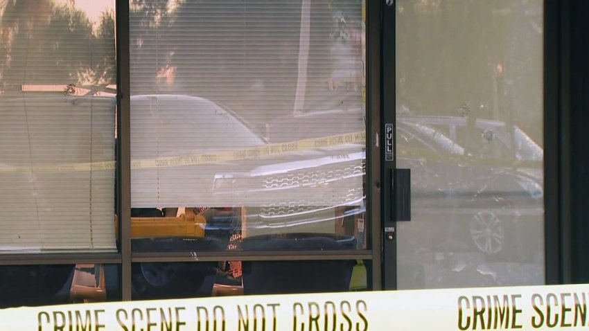 Gunfire damage at a Democratic Party-coordinated campaign office for Vice President Kamala Harris in Tempe, Ariz., in September.