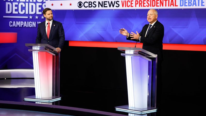 Republican vice presidential candidate, Sen. JD Vance (R-OH), and Democratic vice presidential candidate, Minnesota Gov. Tim Walz, participate in a debate at the CBS Broadcast Center on October 1, 2024 in New York City.