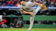 Oct 17, 2024; Cleveland, Ohio, USA; New York Yankees pitcher Clarke Schmidt (36) throws during the fifth inning against the Cleveland Guardians in game 3 of the American League Championship Series at Progressive Field. Mandatory Credit: David Dermer-Imagn Images