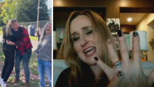 At right, Lori Lange shows off her cherished rings, which she lost on Boston Common. A kind stranger, Kory Kelly, helped her find it, as seen in the still from a video at left.