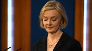 UK Prime Minister Liz Truss talks at a press conference in 10 Downing Street on October 14, 2022 in London, England.