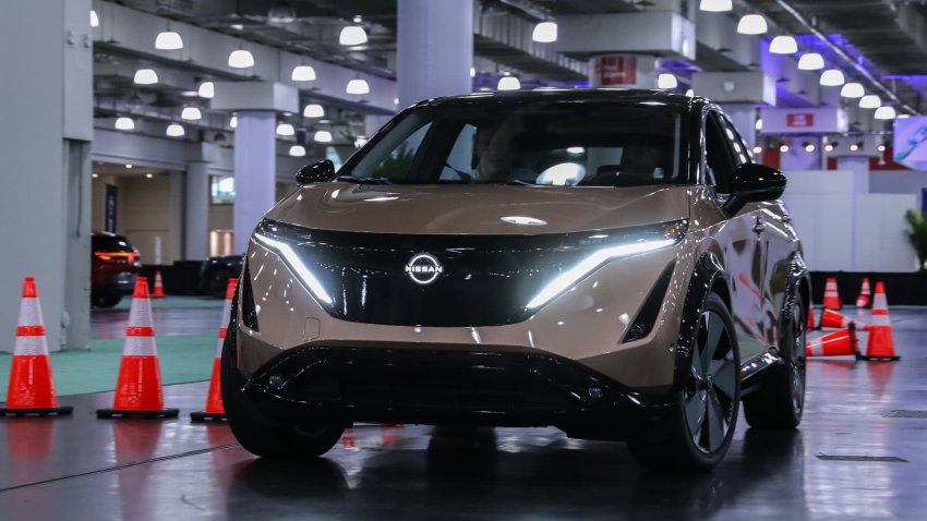 The Nissan ARIYA on the EV test track at the New York International Auto Show on March 28, 2024. 