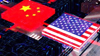 Illustration of the China and U.S. flag on a central processing unit.