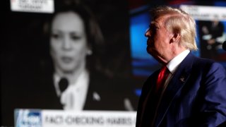 Republican presidential nominee, former U.S. President Donald Trump, greets supporters during a campaign rally at The Expo at World Market Center Las Vegas on September 13, 2024 in Las Vegas, Nevada.