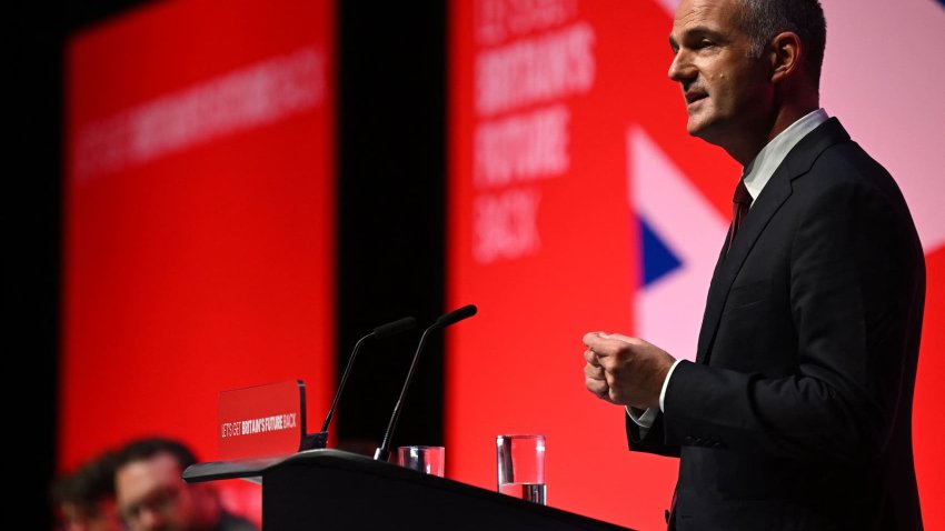 Britain’s Science and Innovation Secretary Peter Kyle addresses delegates at the 2023 Labour Party conference in Liverpool.