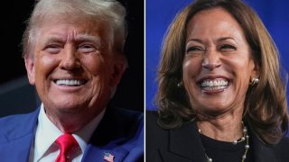 Combination with Former President and Republican Presidential Candidate Donald Trump (L), and Vice President and Democratic Presidential Candidate Kamala Harris.