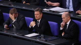 German Finance Minister Christian Lindner, Economy and Climate Action Minister Robert Habeck and Chancellor Olaf Scholz attend debates about the 2024 federal budget at the Bundestag on January 31, 2024 in Berlin, Germany.