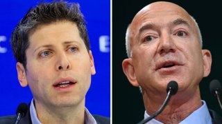 Sam Altman, CEO of OpenAI, attends the 54th annual meeting of the World Economic Forum, in Davos, Switzerland, January 18, 2024 (L), and Amazon CEO Jeff Bezos speaks during the UN Climate Change Conference (COP26) in Glasgow, Scotland, Britain, November 2, 2021.