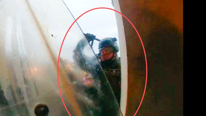 This image from police body-worn camera video, contained and annotated in the Justice Department’s statement of facts, supporting the arrest warrant for Edward Richmond Jr., at the U.S. Capitol on Jan. 6, 2021, in Washington.