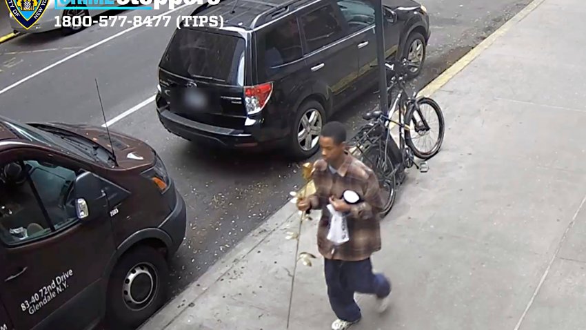 This image from surveillance video provided by the New York City Police Department shows a man accused of stealing a gold-plated metal rose from the Church of St. Francis of Assisi memorial honoring the victims of 9/11, Wednesday, Nov. 20, 2024, in New York.