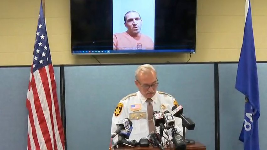 This still image provided by Green Lake County Sheriff’s Office, Sheriff Mark Podoll holds a news conference regarding Ryan Borgwardt, who faked his own drowning this summer on Thursday, Nov. 21, 2024 in Green Lake, Wis.