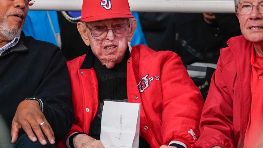 NEW YORK, NY – OCTOBER 21:  St. Johns Red Storm former head coach Lou Carnesecca takes in an exhibition game between the Rutgers Scarlet Knights and the St. Johns Red Storm at Carnesecca Arena on October 21, 2023 in the Queens borough of New York City. (Photo by Porter Binks/Getty Images)