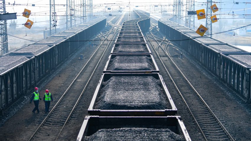 Train loaded with coal ready to leave a coal mine belonging to China Energy Investment Corporation on Jan. 14, 2023 in Ejin Horo Banner, Ordos City, Inner Mongolia Autonomous Region of China.