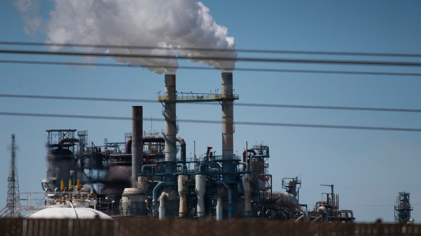 A chimney from the Linden Cogeneration Plant is seen in Linden, New Jersey.