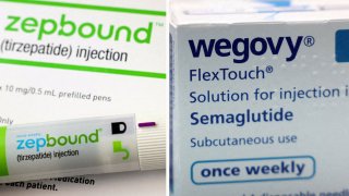 A combination image shows an injection pen of Zepbound, Eli Lilly’s weight loss drug, and boxes of Wegovy, made by Novo Nordisk. 