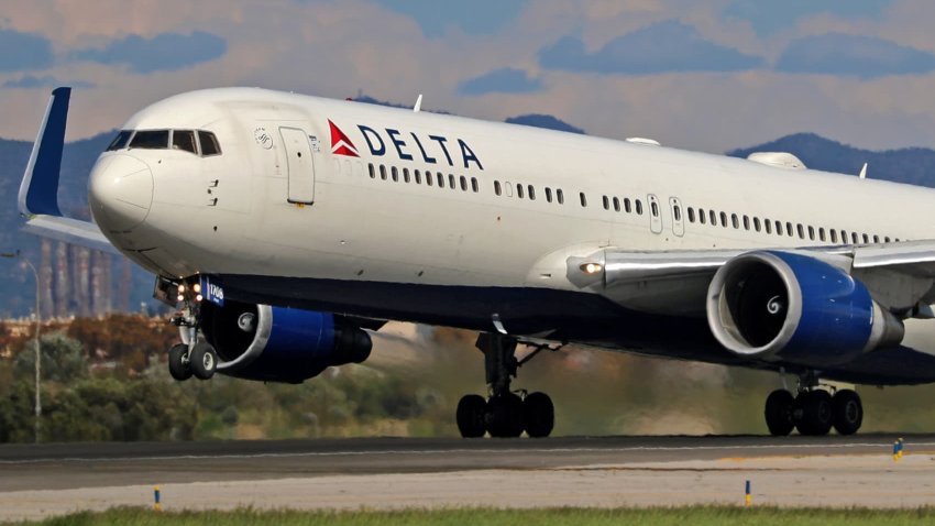 A Boeing 767-332(ER) from Delta Air Lines takes off from Barcelona El Prat Airport in Barcelona, Spain, on October 8, 2024. 