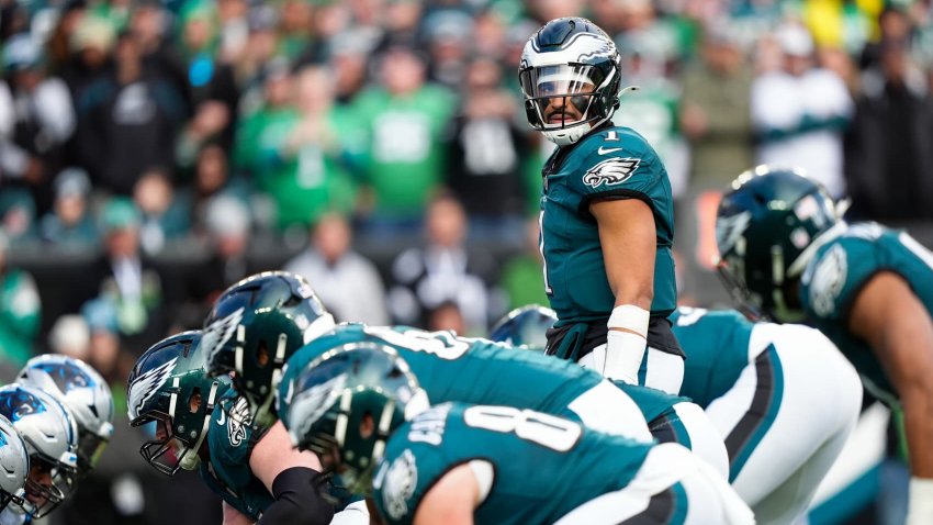 Philadelphia Eagles quarterback Jalen Hurts (1) looks on in the second half during the game between the Carolina Panthers and Philadelphia Eagles on December 08, 2024 at Lincoln Financial Field in Philadelphia, PA.