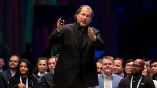 Salesforce CEO Marc Benioff speaks at the Dreamforce conference in San Francisco on Sept. 17, 2024.