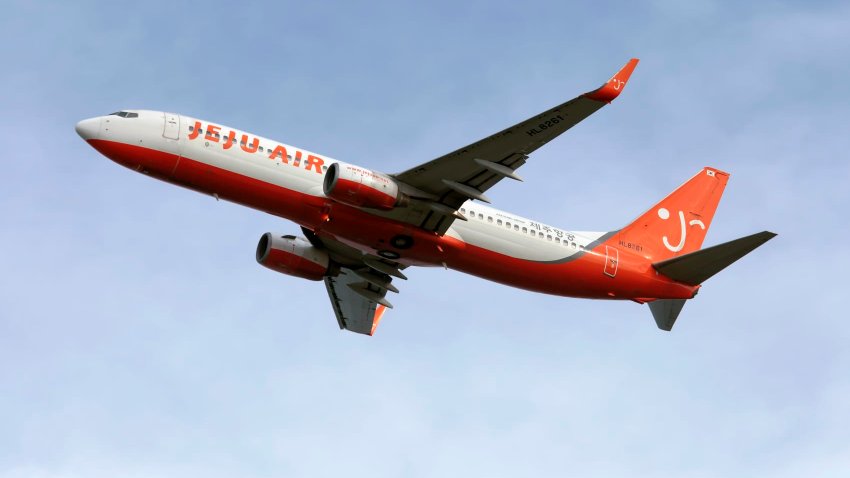 A Jeju Air Boeing 737-800 taking off from Osaka Kansai airport. 