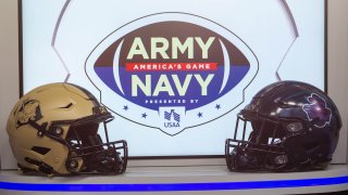 Army Black Knights and Navy Midshipmen helmets