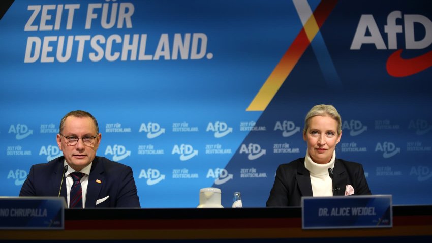 Alice Weidel, co-leader of the far-right Alternative for Germany (AfD) political party, arrives to speak to the media with AfD co-leader Tino Chrupalla shortly after the AfD leadership confirmed Weidel as the party’s candidate for chancellor on December 07, 2024 in Berlin, Germany. 