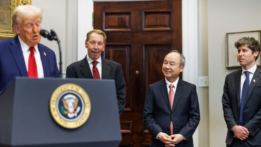 From left, President Donald Trump, Oracle Executive Chairman Larry Ellison, SoftBank CEO Masayoshi Son and OpenAI CEO Sam Altman appear in the Roosevelt Room of the White House in Washington on Jan. 21, 2025. Trump announced a joint venture to fund artificial intelligence infrastructure.