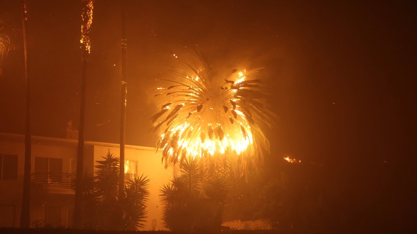 Fire destroys buildings and vegetation as flames rage across Los Angeles on Jan. 9, 2025.